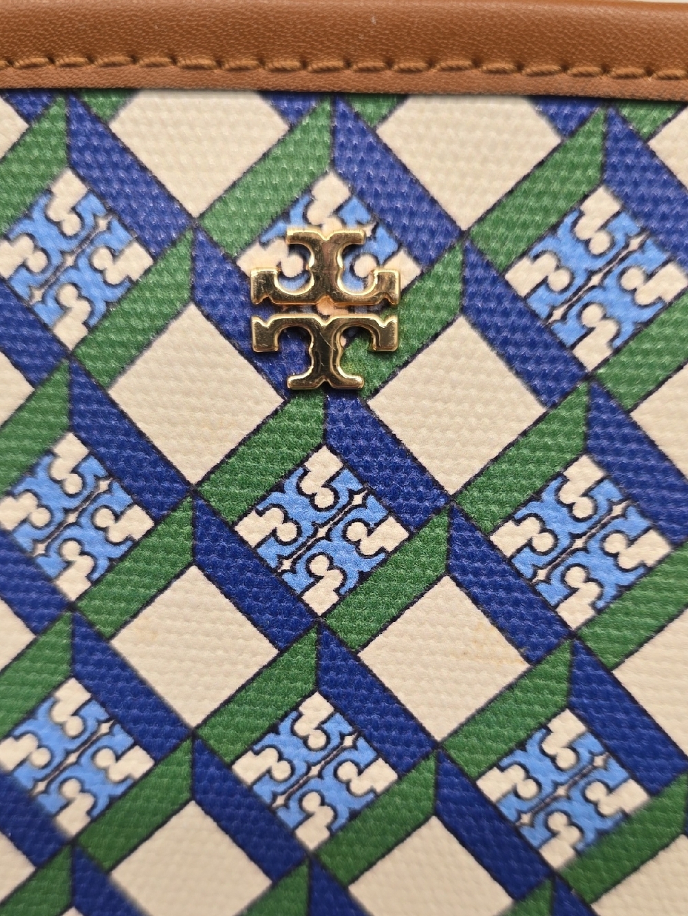Tory Burch Tote Bag with Blue Green Lattice Pattern and Brown Trim - Picture 2 of 12